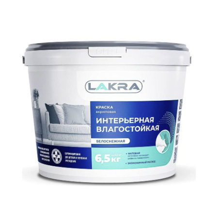 Краска акрил. интерьерная влагостойкая белоснеж. 6,5кг ЛАКРА